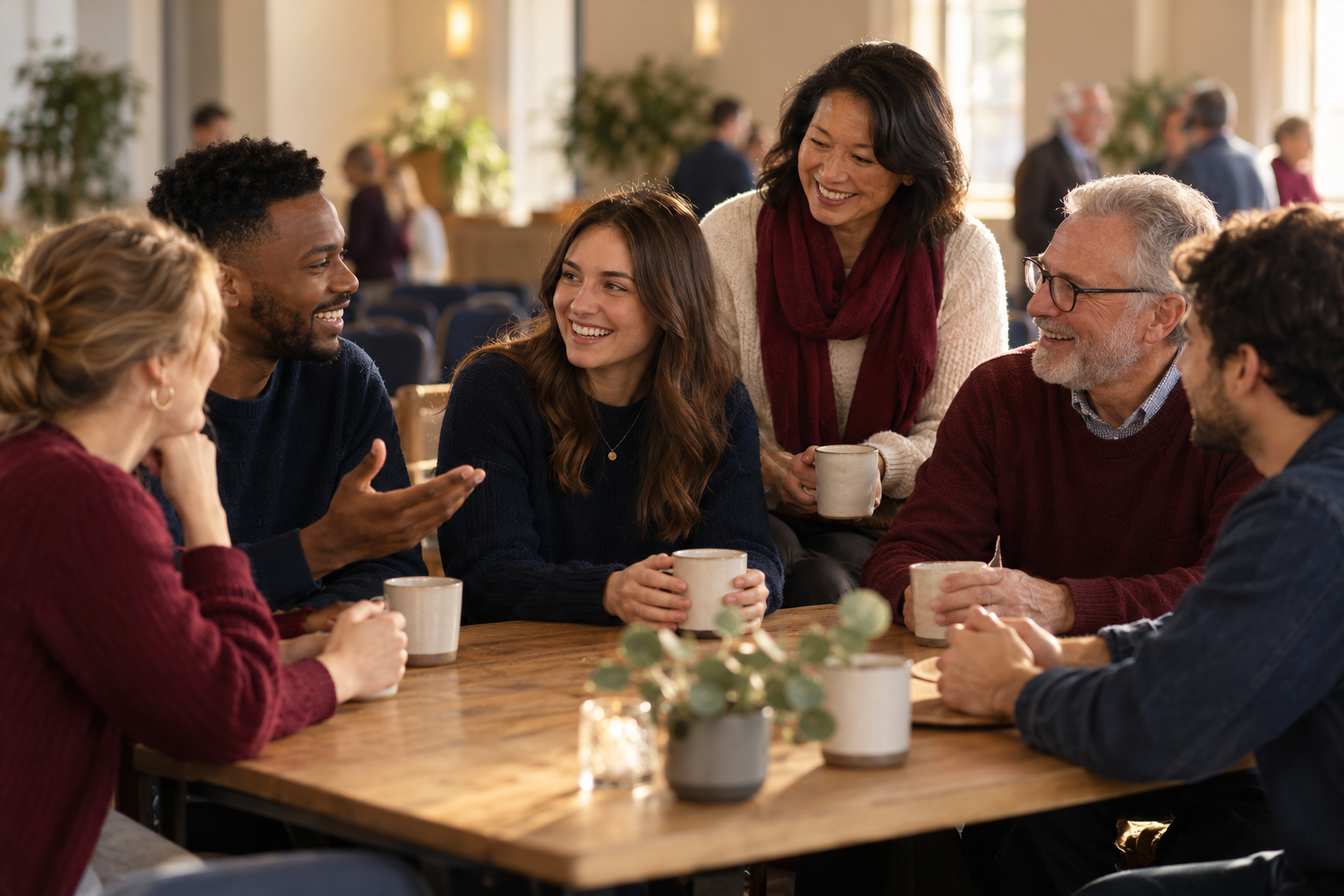 Illustration of people sharing conversation and fellowship after church