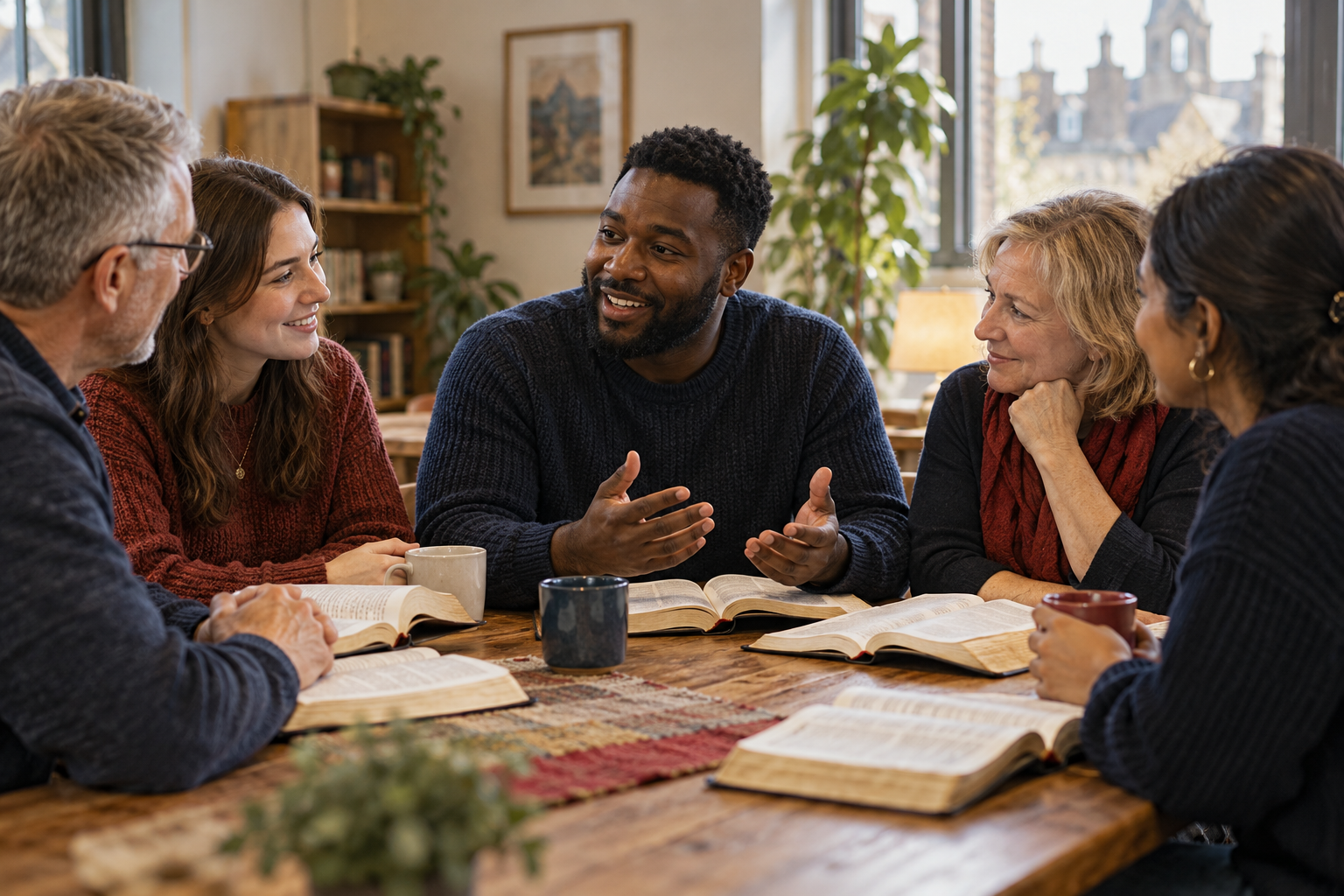 Illustration of a small group studying the Bible together