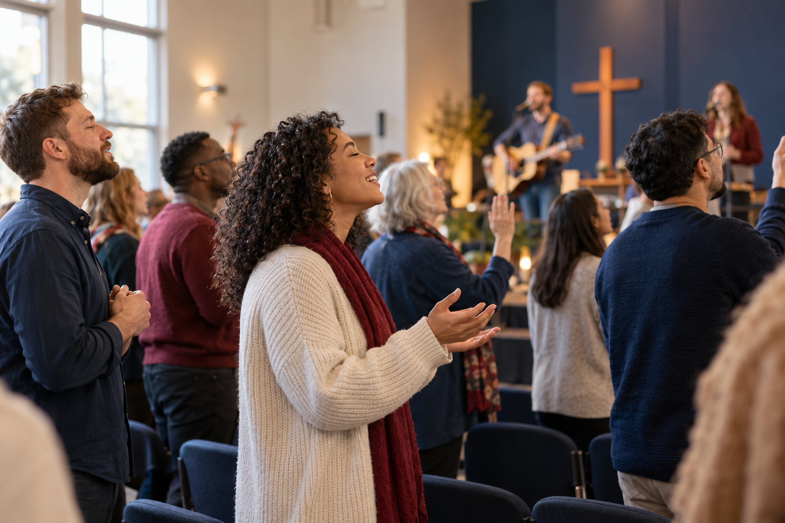 Illustration of a diverse congregation worshipping together