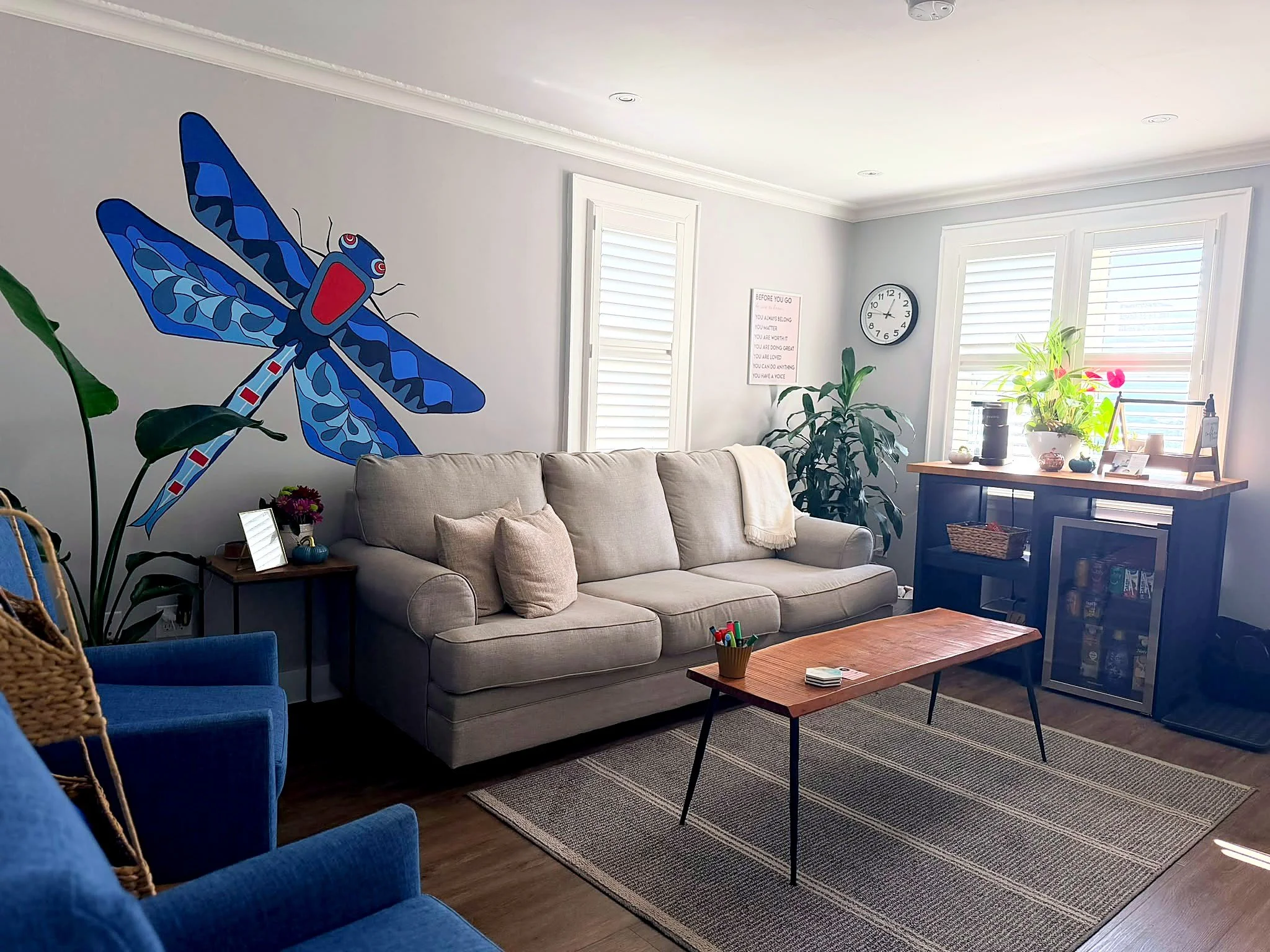 Bright, welcoming waiting room at Dragonfly Counselling & Wellness in Brantford, Ontario