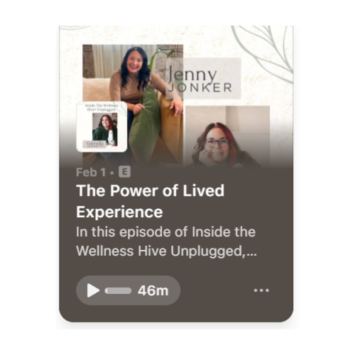 Podcast poster for “The Power of Lived Experience” episode featuring Jenny Jonker, Clinical Director and Owner of Dragonfly Counselling & Wellness