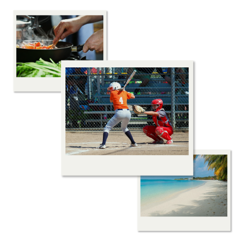 Collage representing Brandon&rsquo;s hobbies: baseball, cooking, and travelling