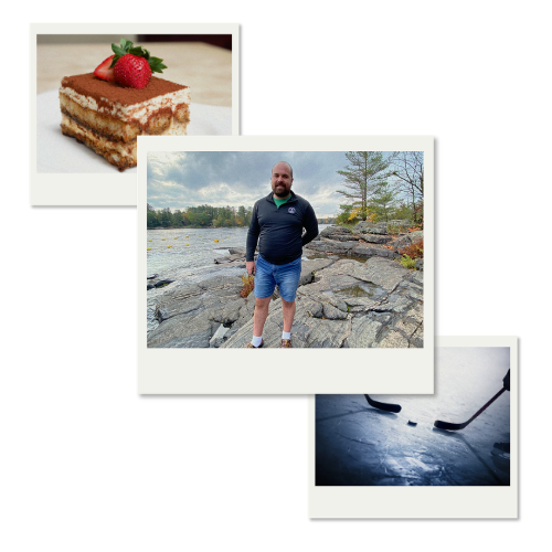 Collage representing Sean&rsquo;s hobbies: hockey, cooking, nature, and cottage life