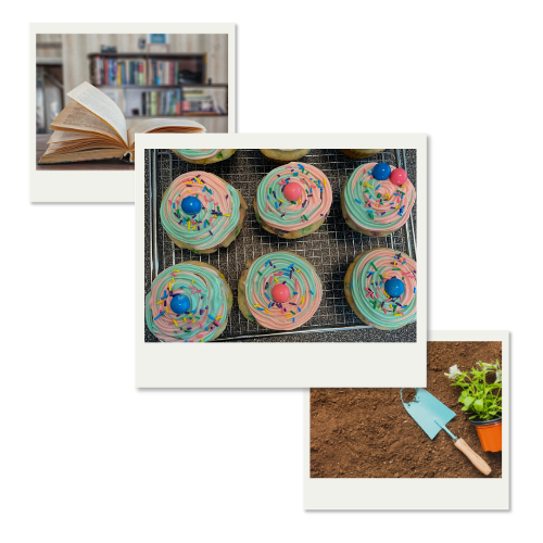 Collage representing Kate&rsquo;s hobbies: reading, baking, and gardening