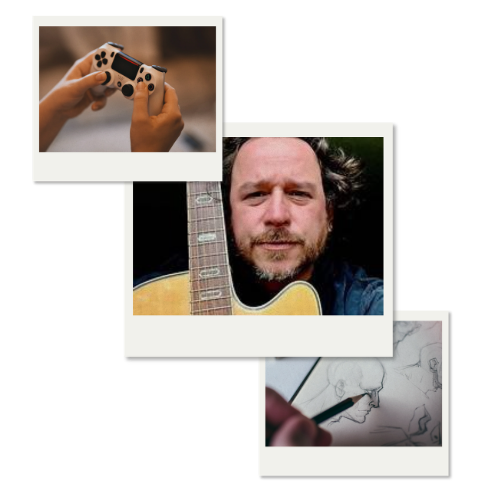 Collage representing Ryan&rsquo;s hobbies: gaming, drawing, and a photo of Ryan holding a guitar