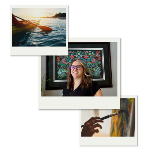 Collage representing Alexa&rsquo;s hobbies: kayaking and painting