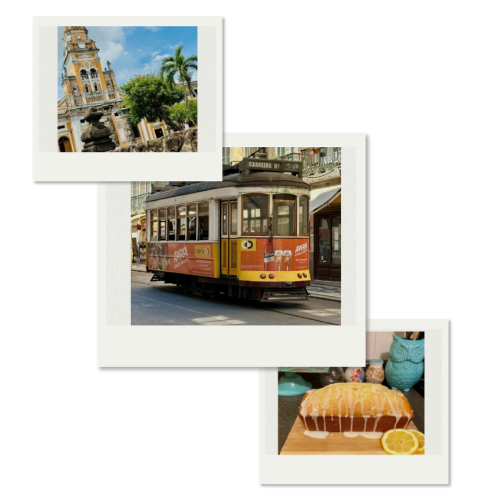 Collage representing Leslie&rsquo;s hobbies: travelling, cooking, and time with family
