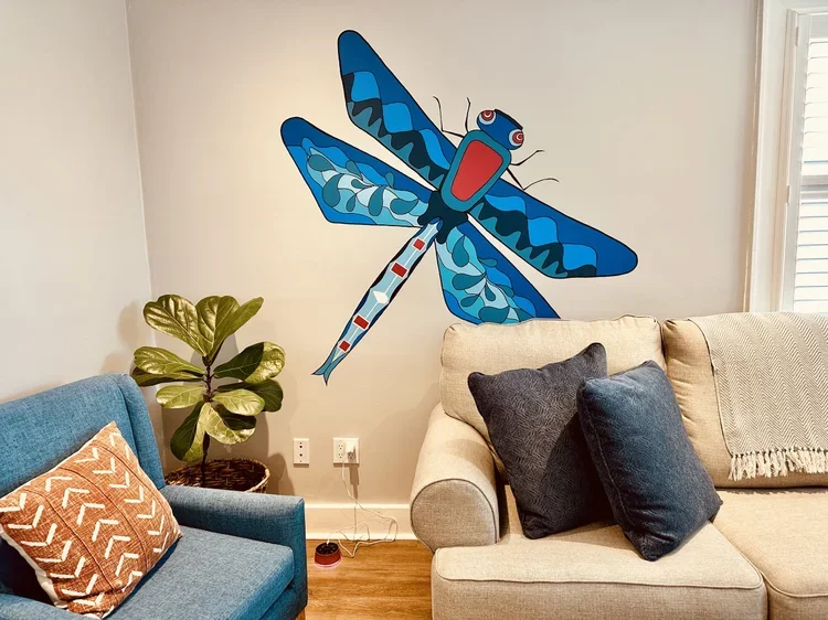 Dragonfly land acknowledgement mural by a local artist representing Six Nations of the Grand River, at Dragonfly Counselling & Wellness in Brantford, Ontario