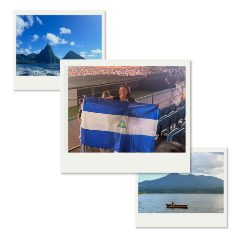 Collage representing Jenny&rsquo;s hobbies: travelling and canoeing, and a photo of Jenny holding a flag
