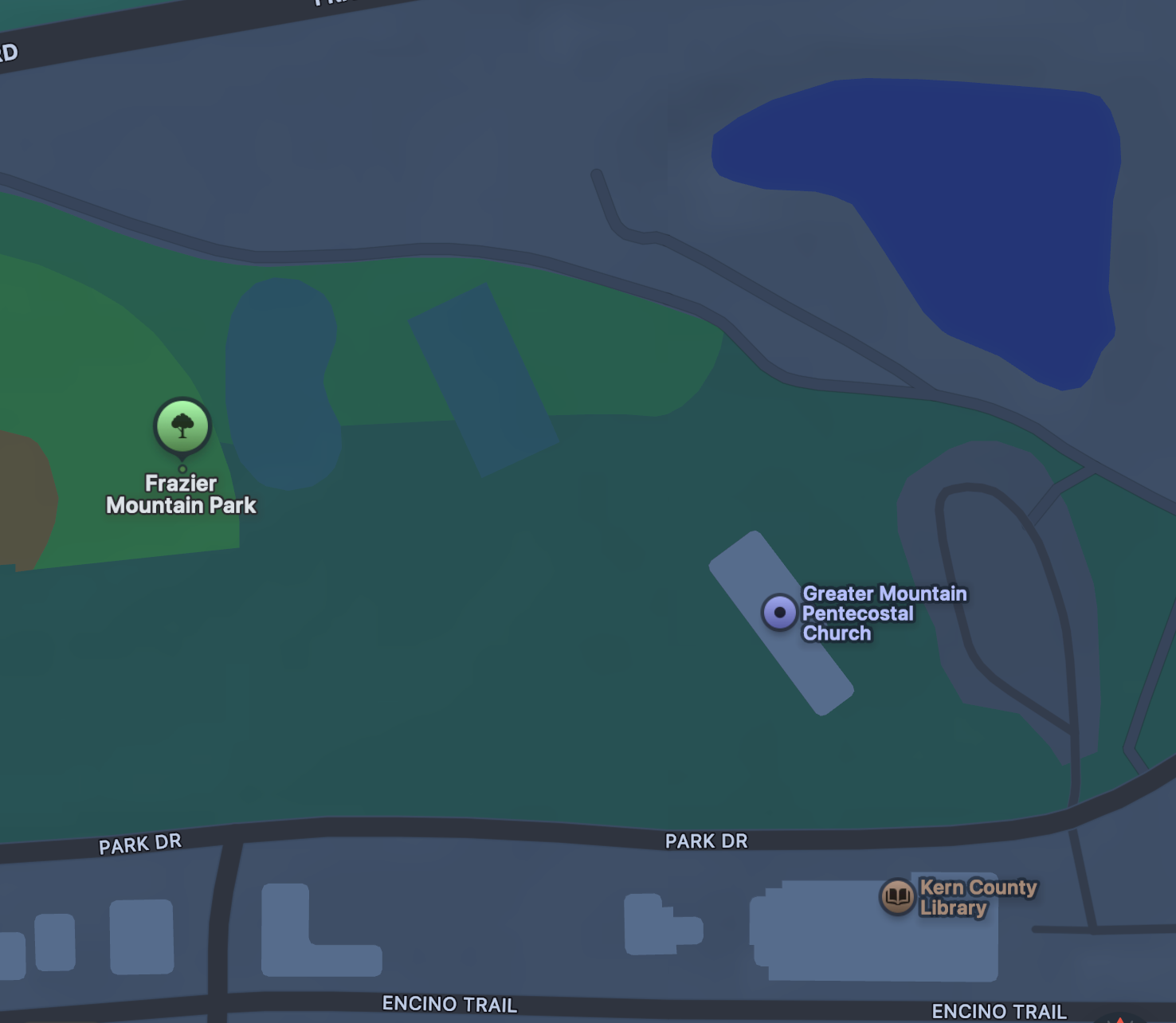 Map showing Frazier Mountain Park and Greater Mountain Pentecostal Church in a park area, with surrounding roads Encino Trail, Park Drive, and nearby Kern County Library.