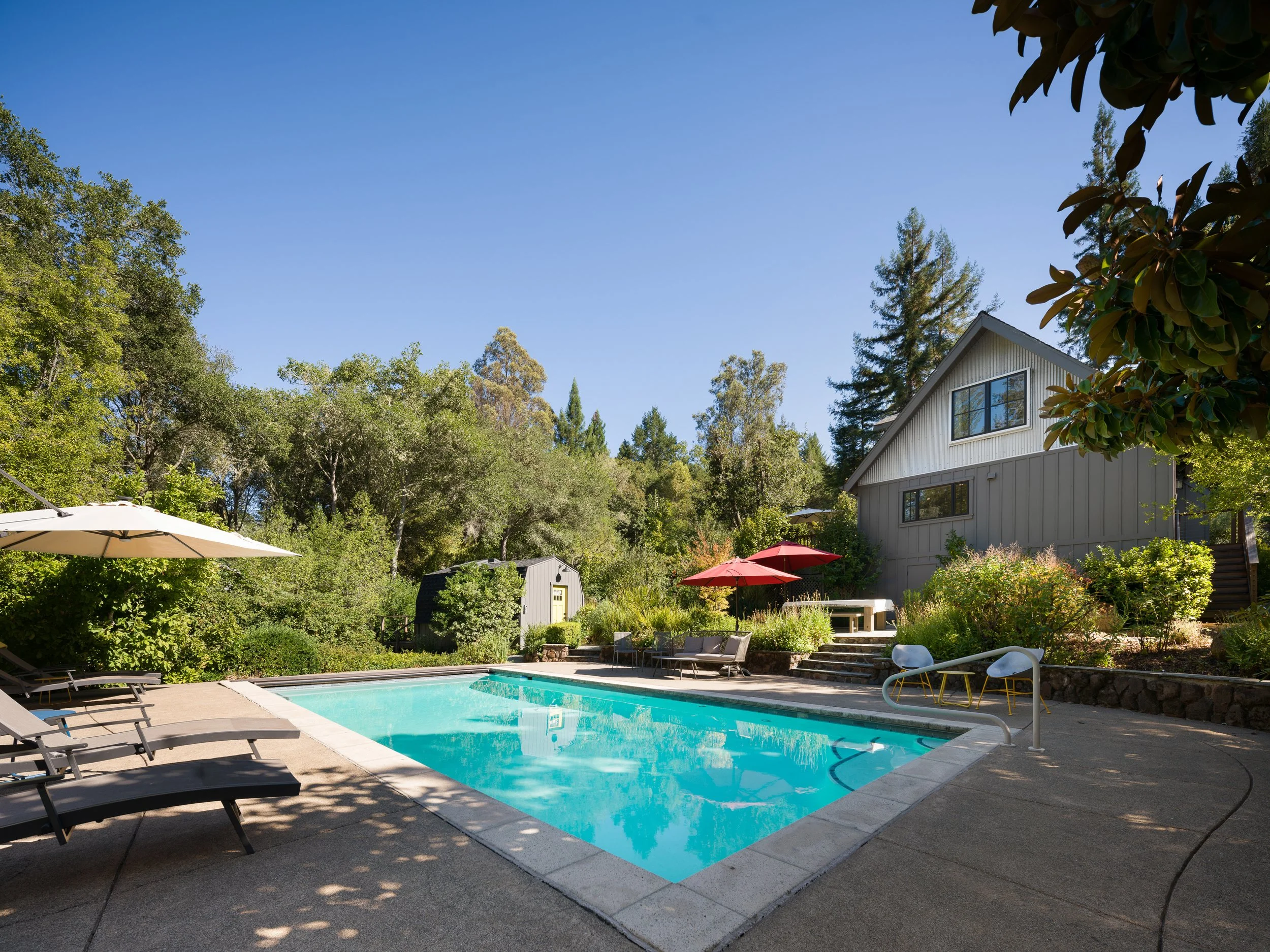 An outdoor swimming pool area shaded by trees with lounge chairs and umbrellas, surrounded by a house and lush greenery under a clear blue sky.
