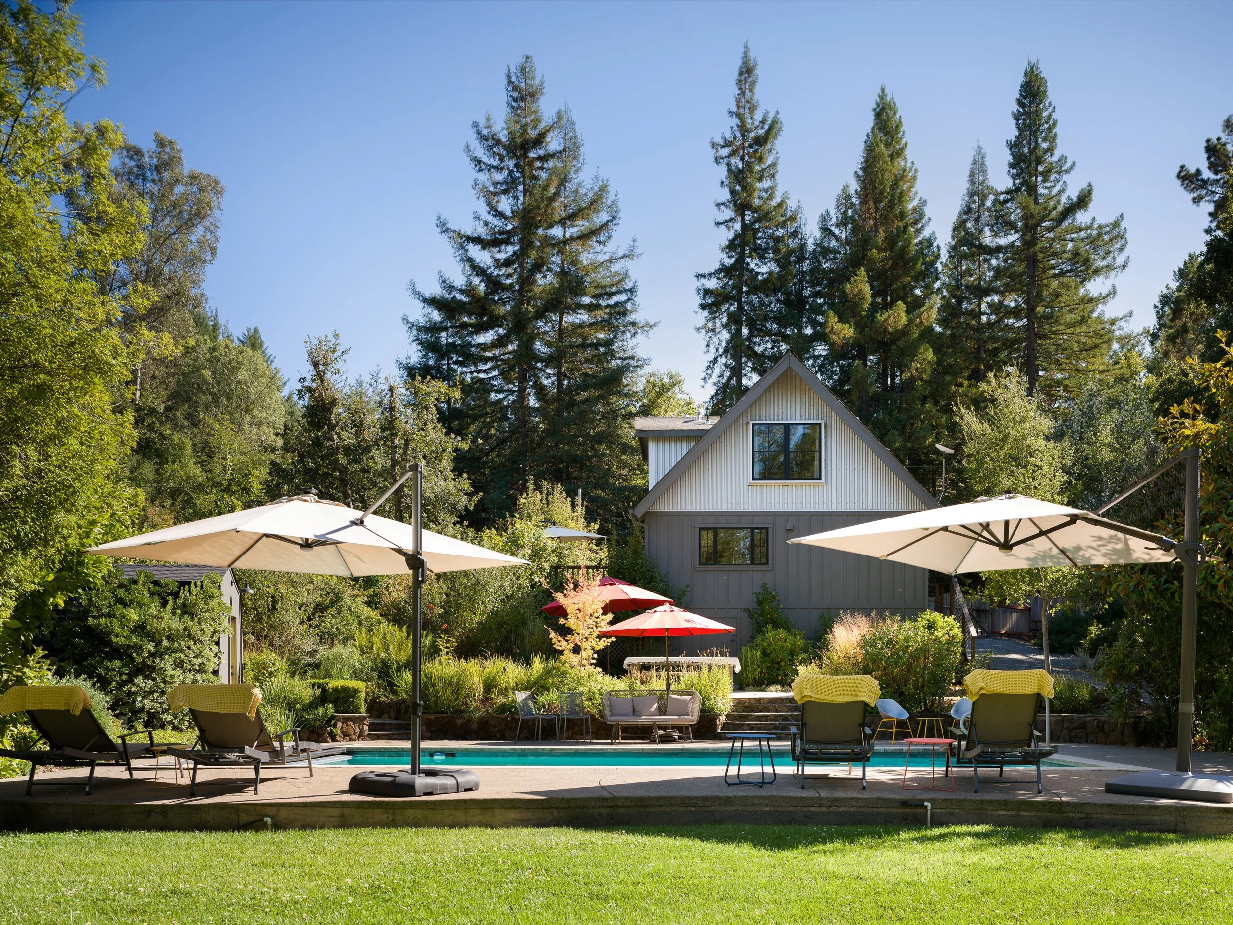 A backyard scene with a swimming pool, several patio chairs, and umbrellas surrounded by lush trees and a house with a steep roof in the background.