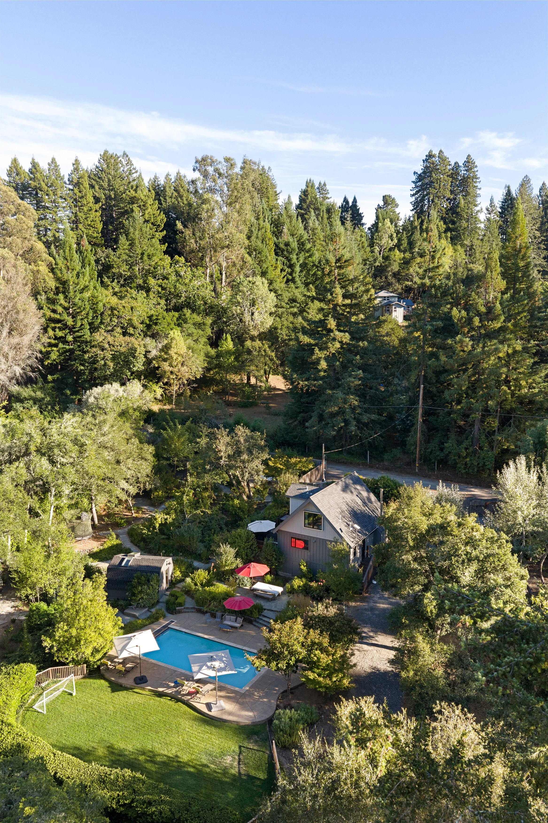 An aerial view of a backyard with a swimming pool, surrounded by trees and houses, under a blue sky.