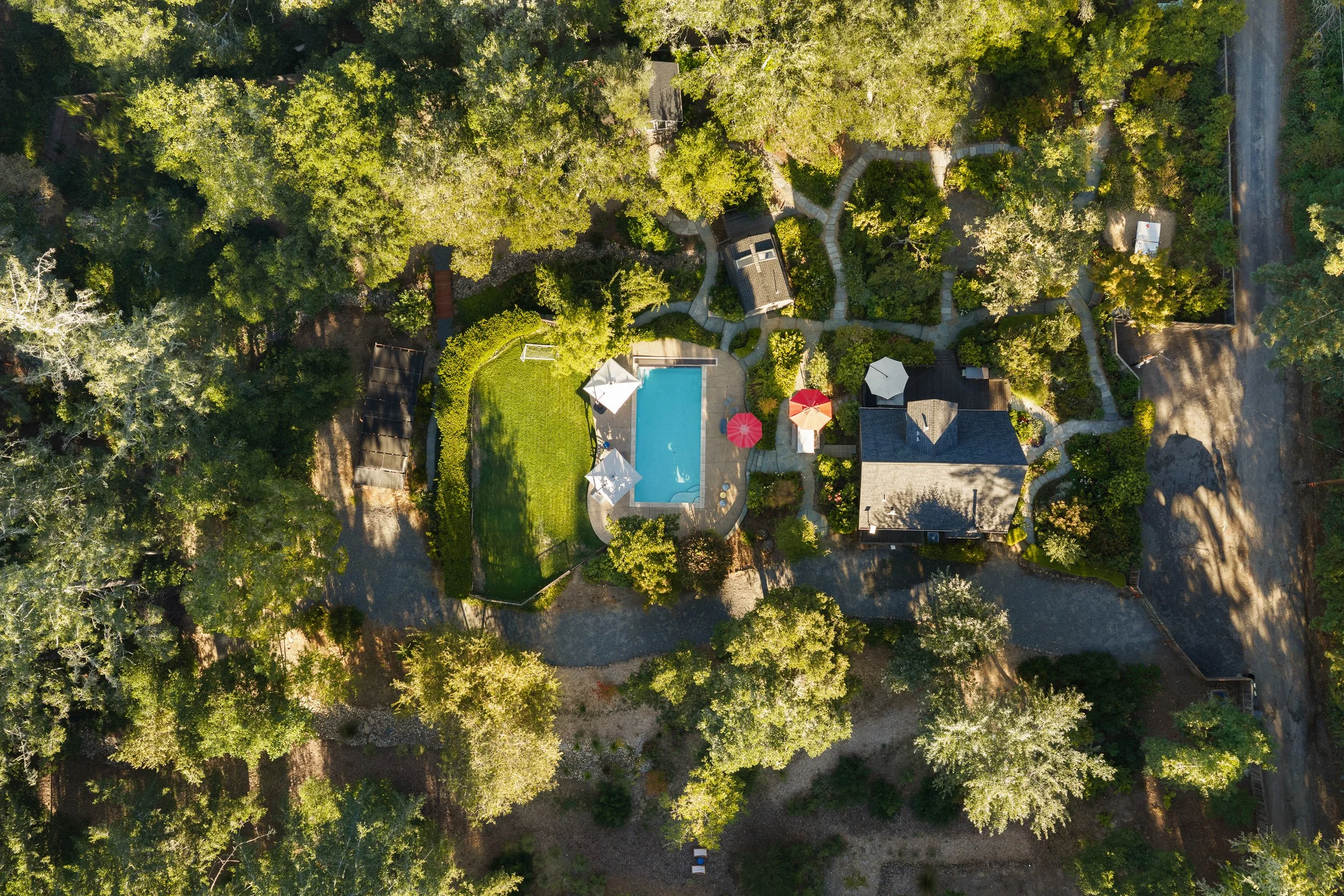 An aerial view of a backyard surrounded by tall trees. The backyard features a swimming pool with a white umbrella and red umbrellas, a small grassy area, and a paved walkway.