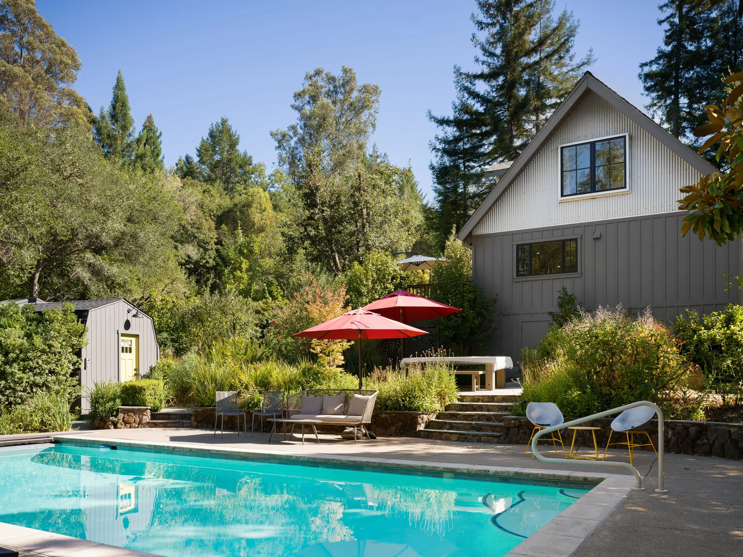 A backyard with a swimming pool, outdoor furniture including chairs and a sofa, red umbrellas, lush green trees, and a gray house with large windows beneath a clear blue sky.