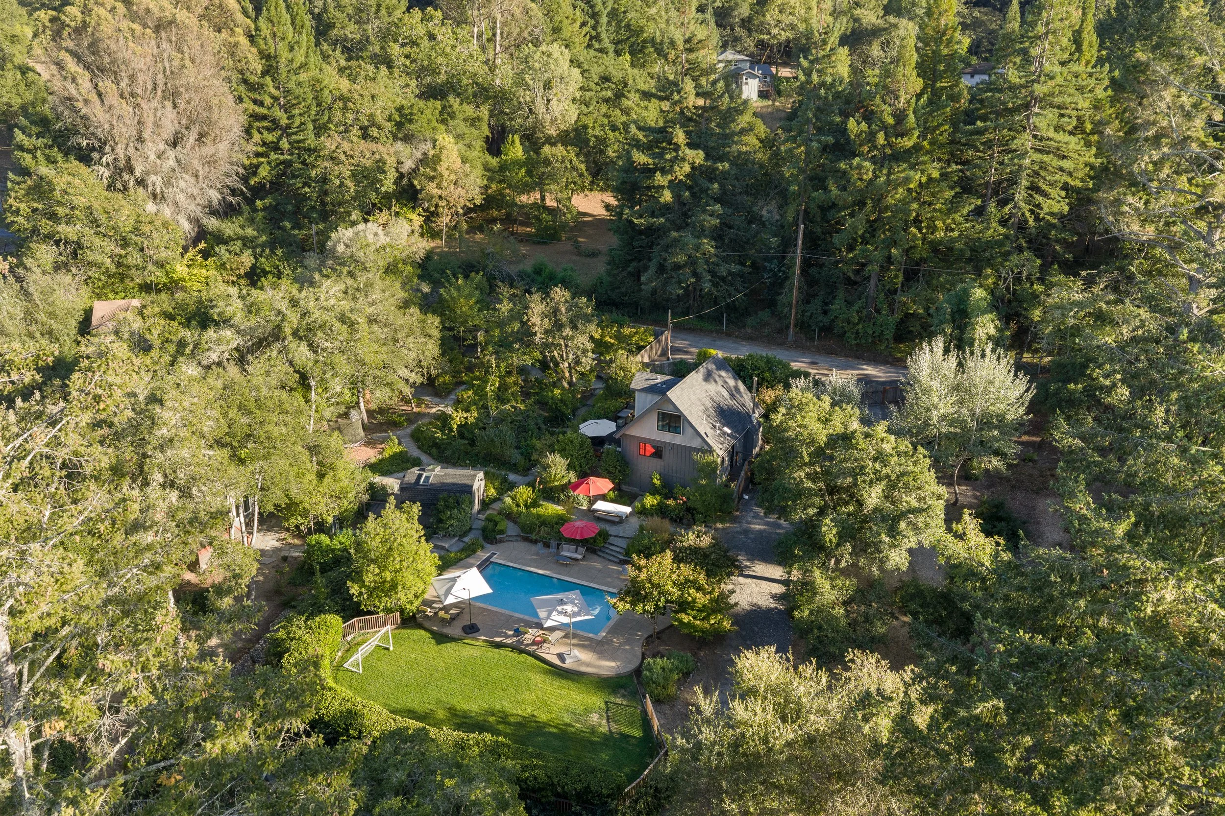 Aerial view of a backyard with a swimming pool, surrounded by trees and greenery, with houses visible in the background.