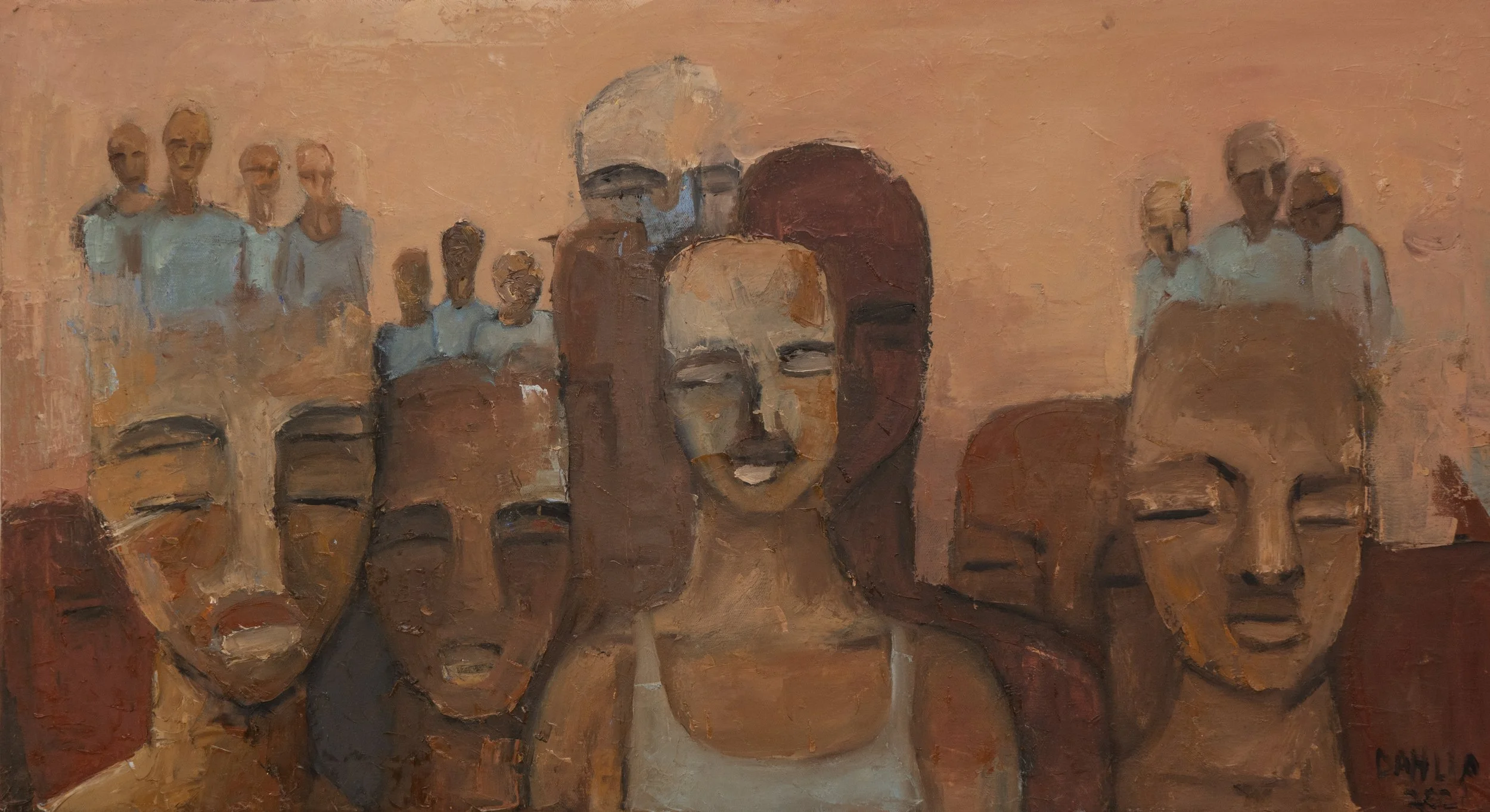 Painting depicting multiple heads with various expressions. Some heads are smiling, others neutral or serious, set against a warm, muted background.
