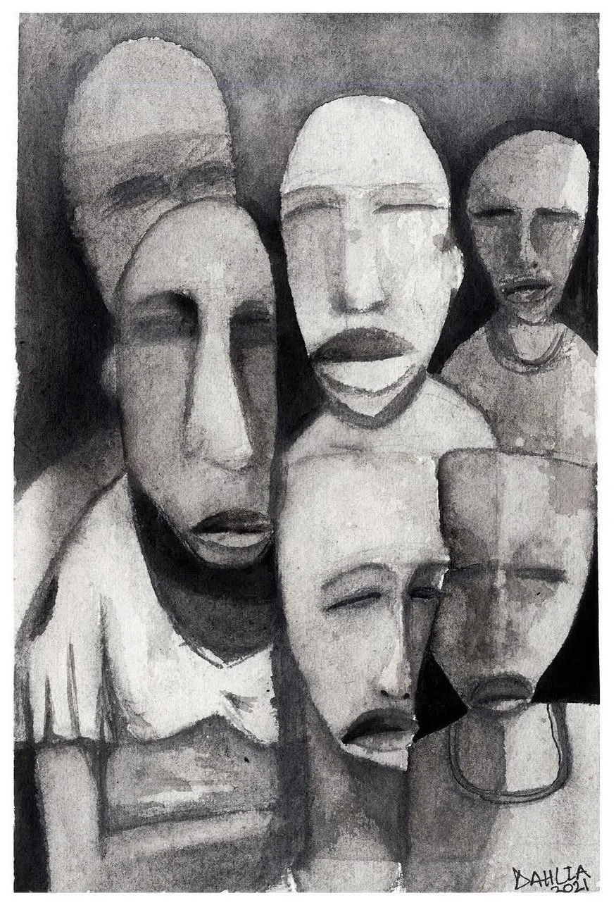 A black and white drawing of five abstract human faces with elongated features and closed or partially closed eyes, appearing somber or contemplative.