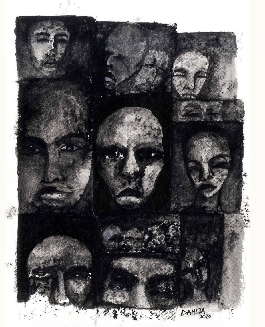 Black and white collage of eight painted portrait faces of diverse women, with different expressions and features, arranged in a grid pattern, signed by Dahza in 2020.