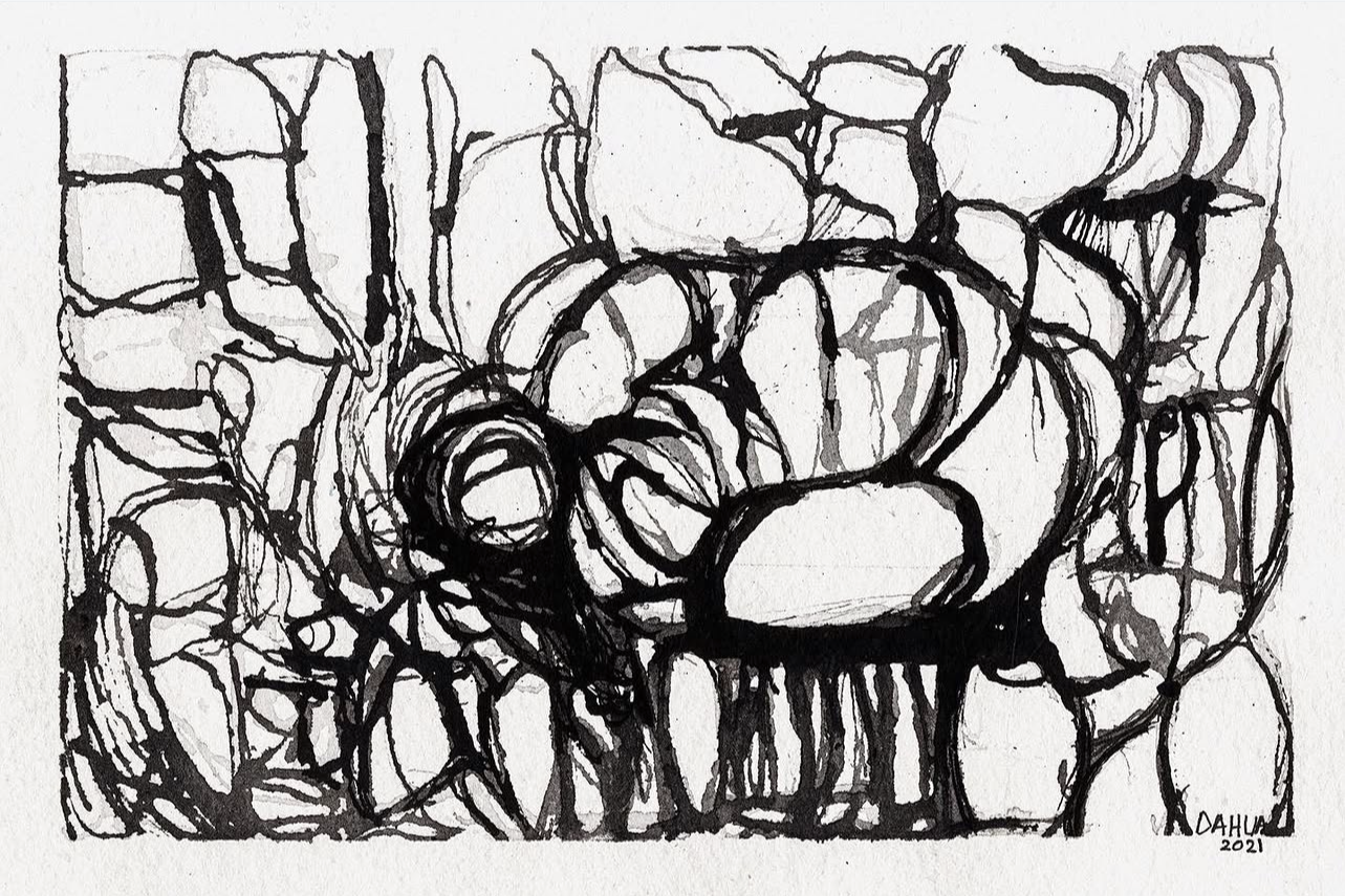 Abstract black ink doodle with interconnected circular and irregular shapes, signed by Dahlia in 2021.
