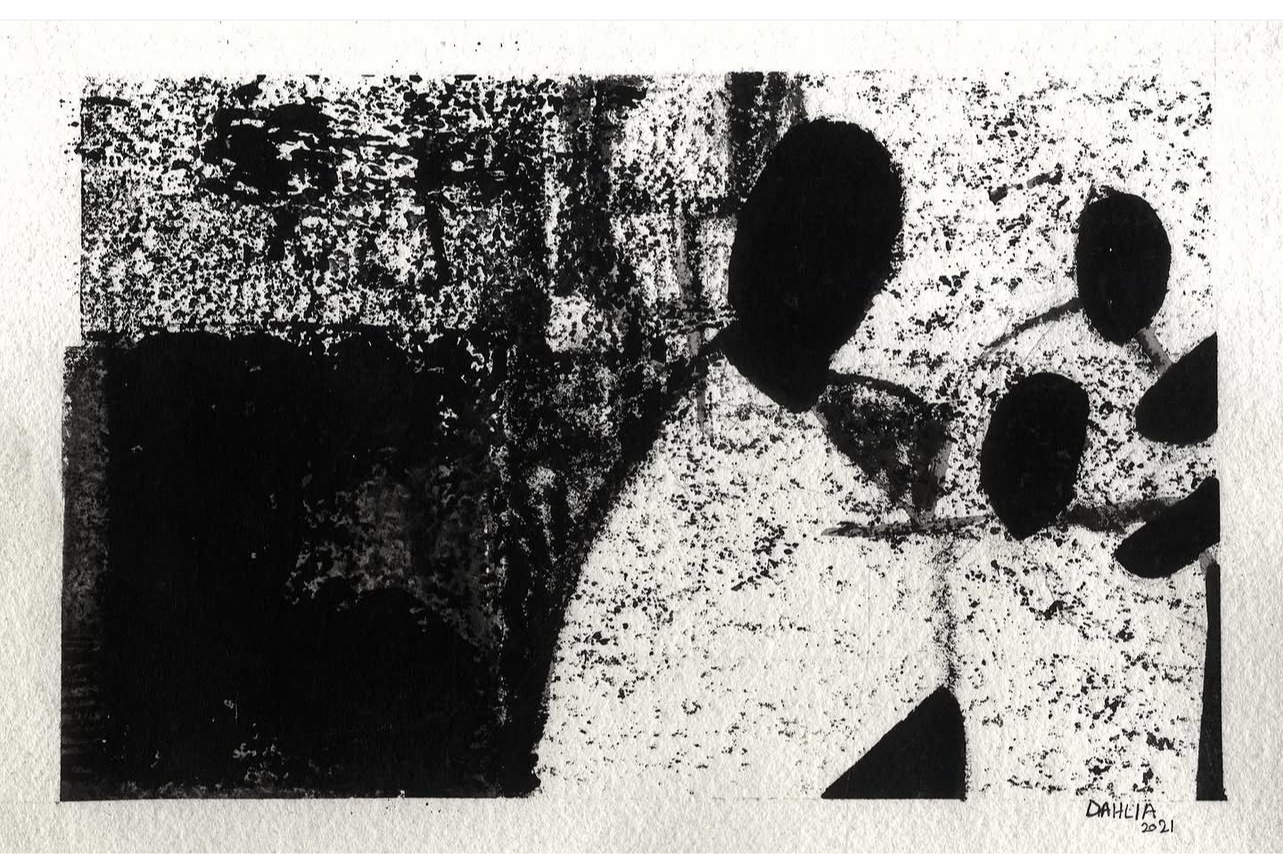 Black and white abstract art with dark shapes resembling leaves and a curved form, signed by Dahlia 2021.