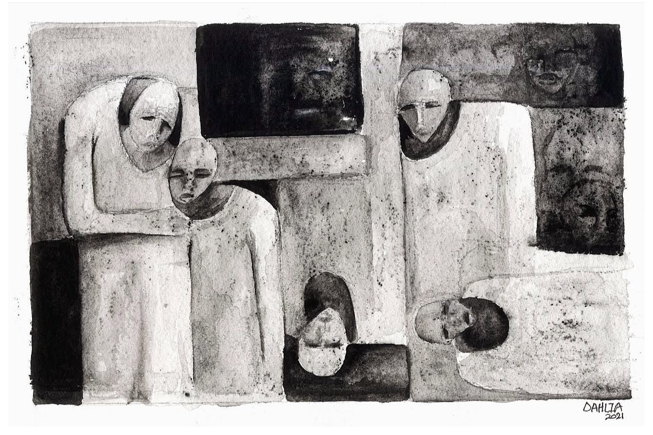 A black and white watercolor painting depicting several human figures with solemn expressions, some wearing masks. The figures are arranged on different levels, with some standing or sitting against a textured background. The artist's signature is in