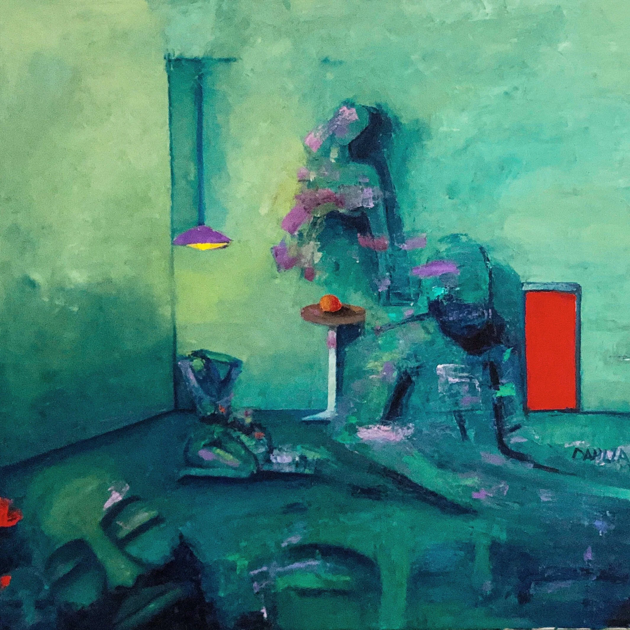 An impressionist painting of an outdoor scene with a woman sitting at a table holding a bouquet of flowers, with a green background, and a purple umbrella on the ground.