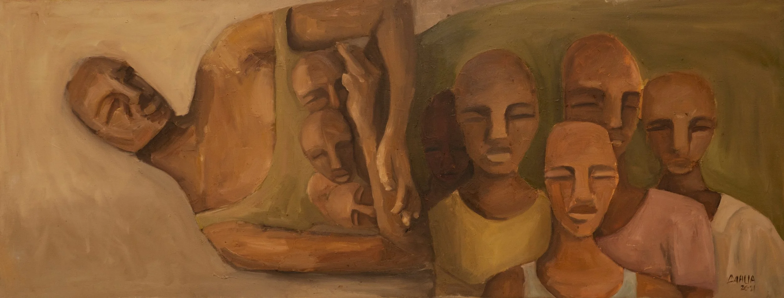 A painting of several abstract human faces and figures in warm earthy tones, with some figures having their eyes closed and others looking straight ahead.