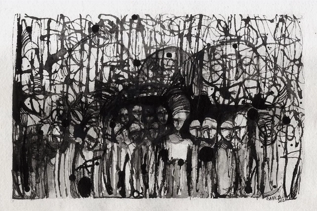 Black ink abstract drawing with two figures and surrounding chaotic lines and patterns.