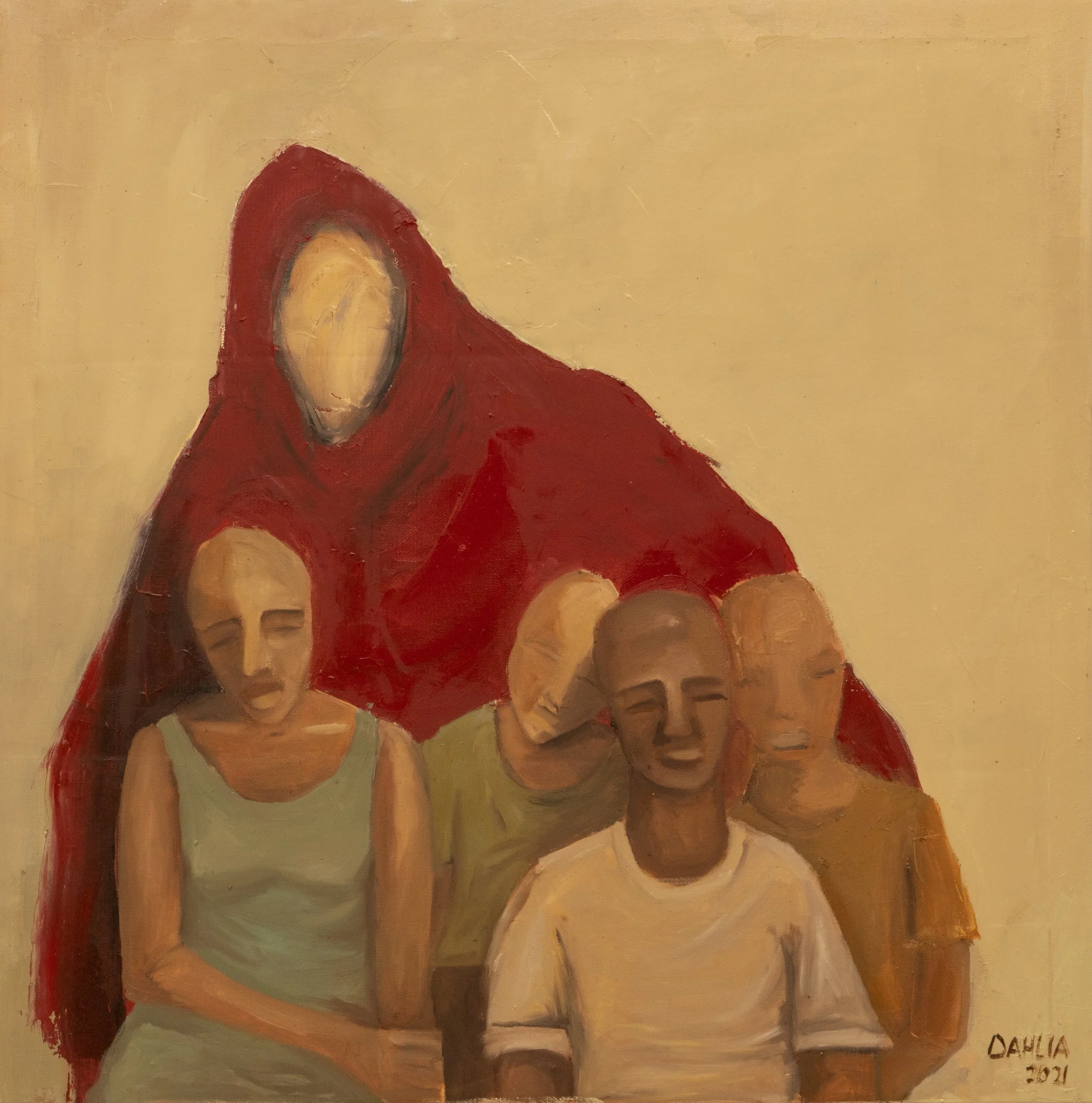 A colorful abstract painting featuring a figure draped in red with a painted face, seated on a bench with round, stone-like steps below. The background is a warm beige color.