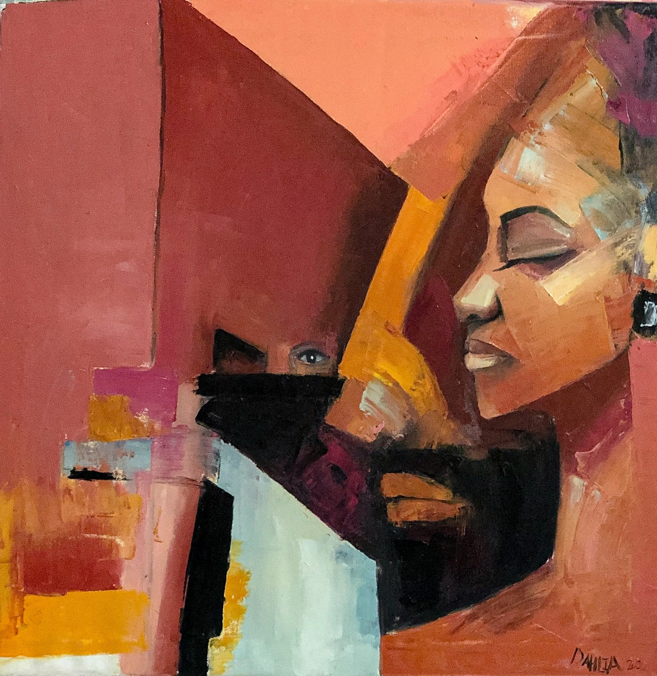 An abstract landscape painting with a color palette of pink, red, orange, yellow, black, and light blue. It features blocks and sections of color, with some textured and layered brushstrokes. The artist's signature is visible in the bottom right corner, along with the year 2023.
