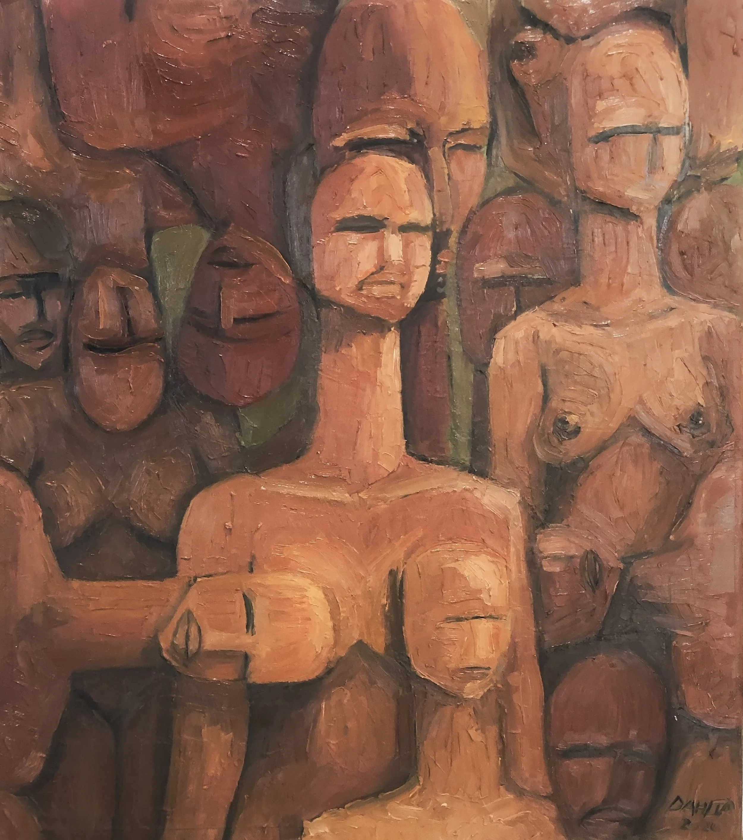 A painting of several abstract human faces with closed eyes, rendered in earthy tones and expressive brushstrokes.