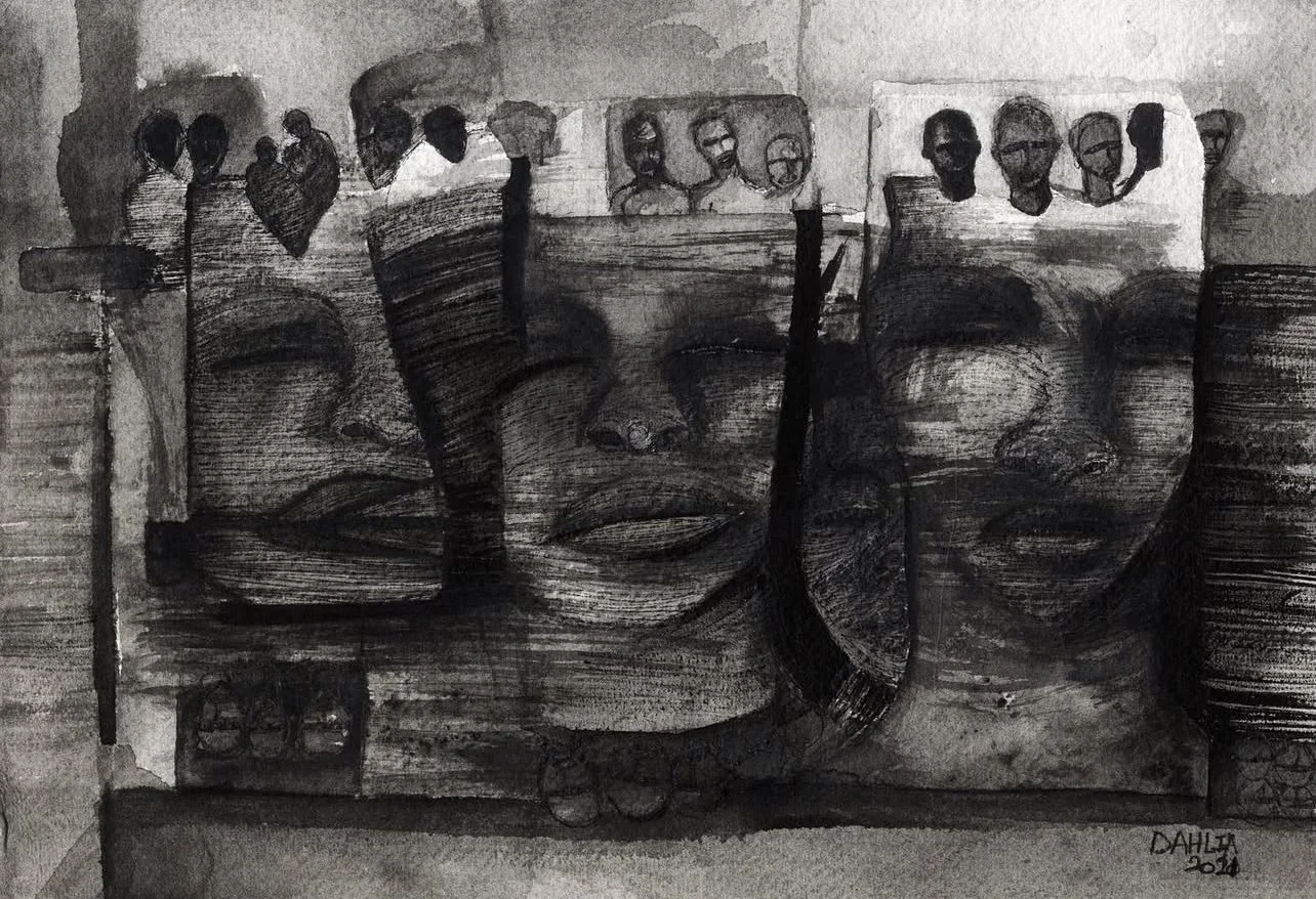 Black and white painting of large faces with closed eyes and full lips, with smaller figures wearing glasses above and in the background.