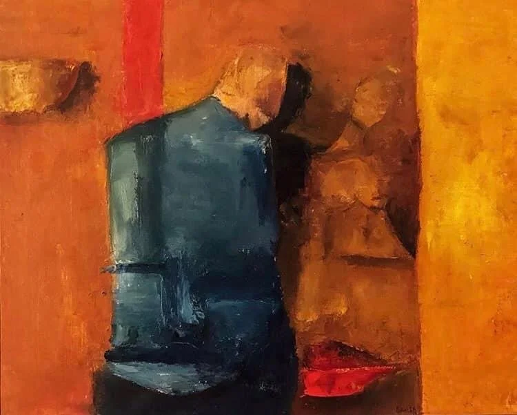 An abstract painting of a man in a blue jacket with light hair with a woman in a yellow top, with orange and red background.