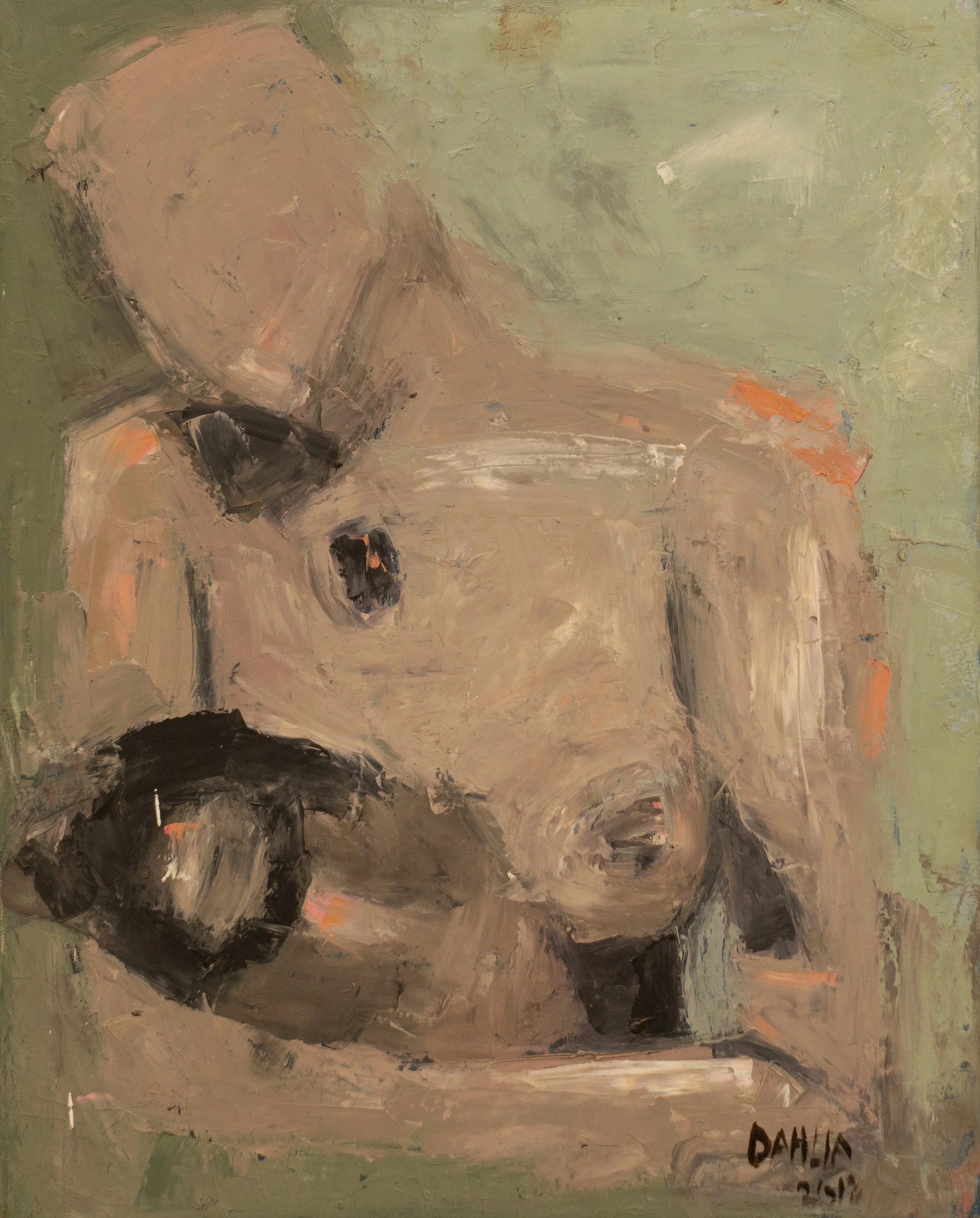 Abstract painting in earth tones with rough brushstrokes, signature in bottom right corner reading 'Dahl' and some indistinct writing or markings.