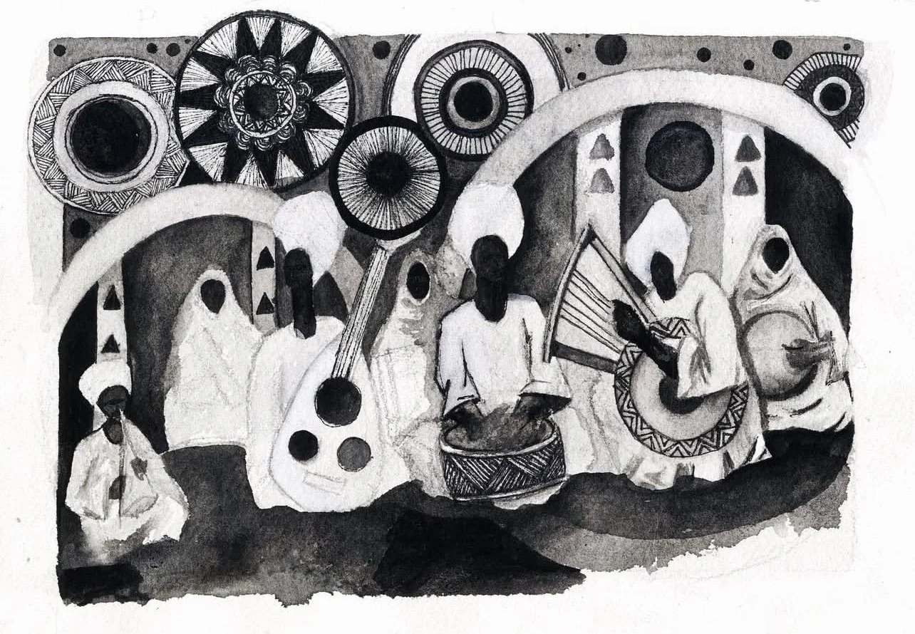 Black and white drawing of people playing musical instruments, including guitars and a drum, with abstract patterns and circular designs in the background.