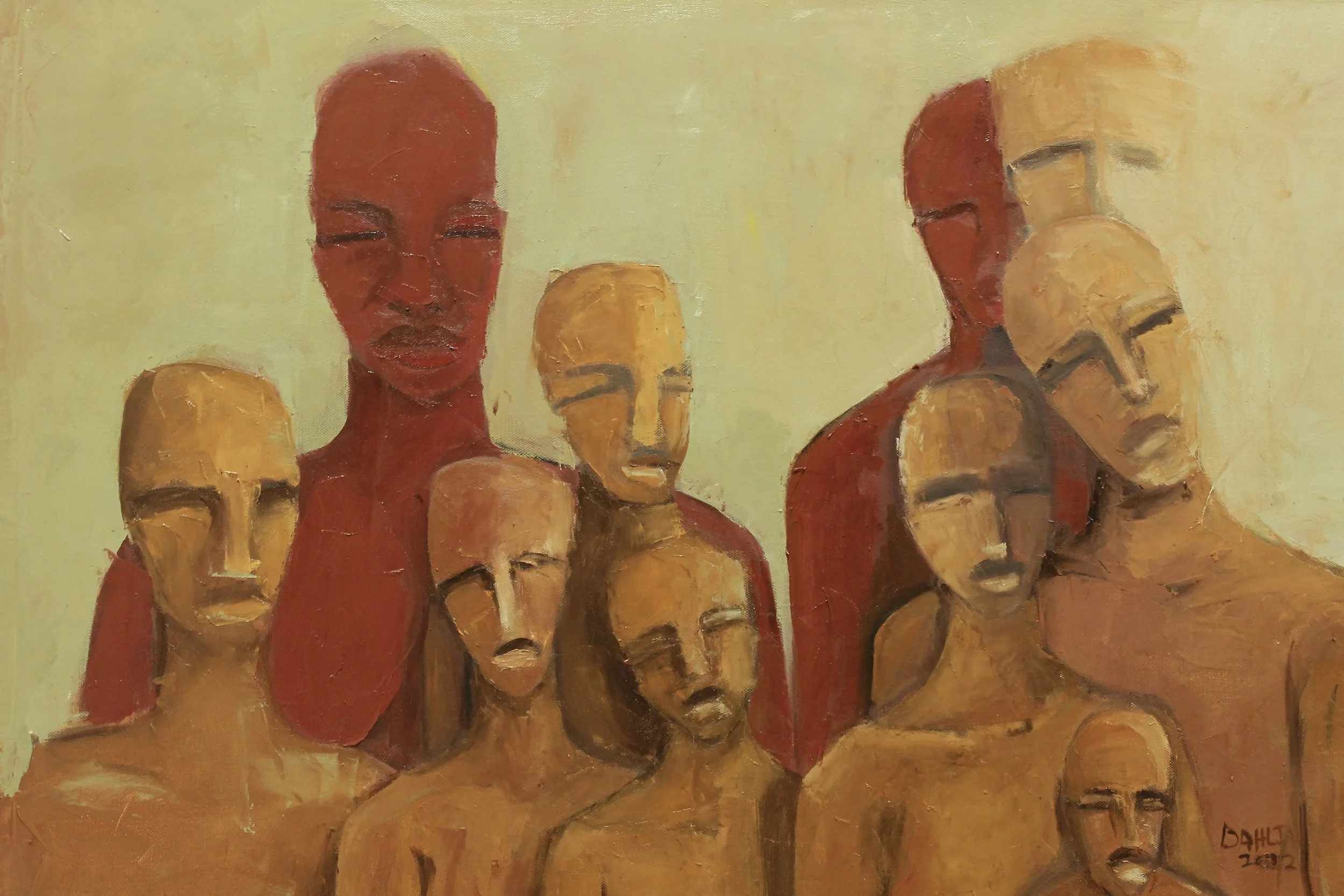 An abstract painting depicting a group of people with closed eyes, with dominant colors of red, beige, and brown. The figures are stylized with prominent facial features and minimal detail.