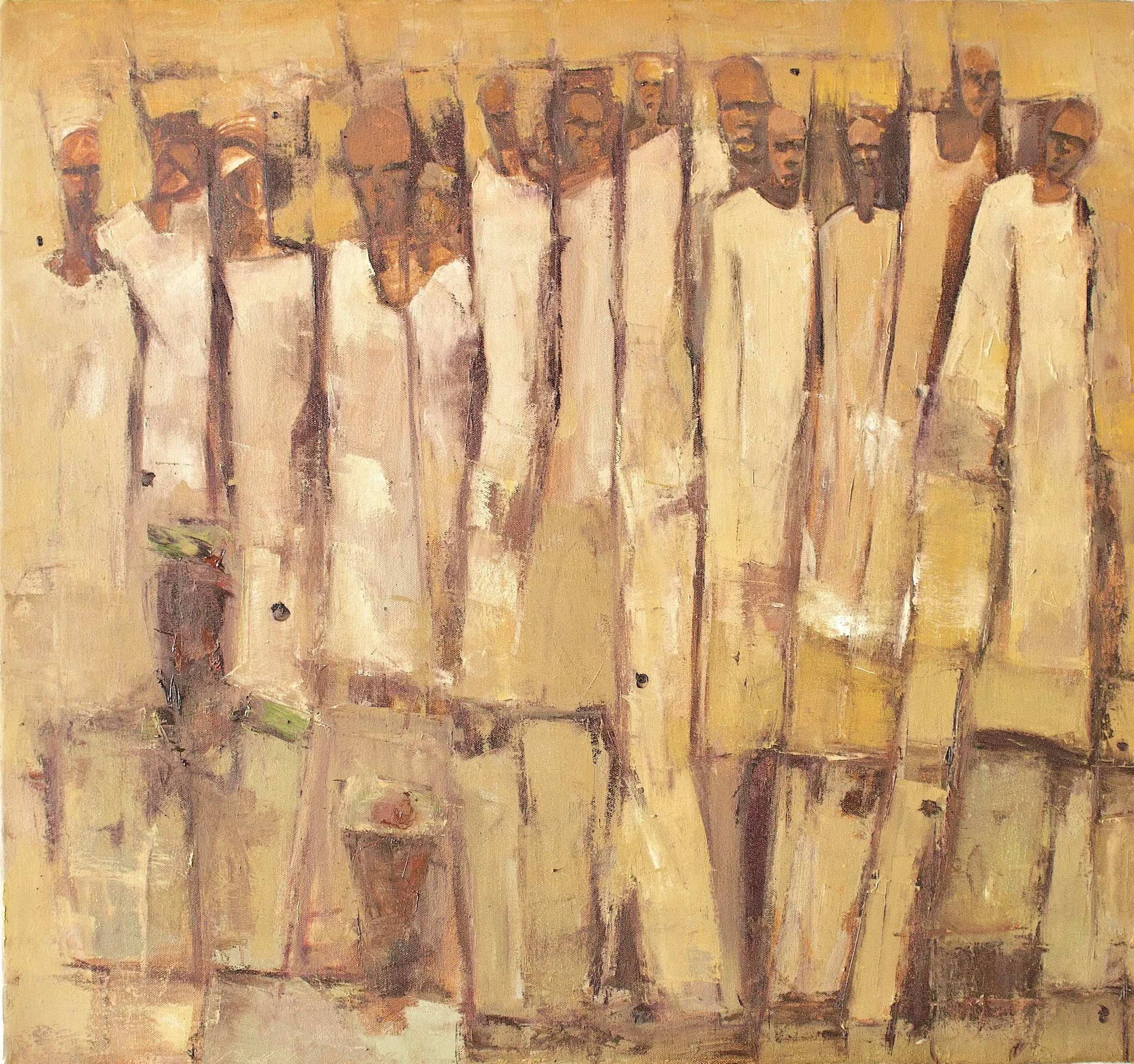 Abstract painting of several dark-skinned people wearing white garments, standing in a line against a yellow background, with some figures holding long sticks or rods.