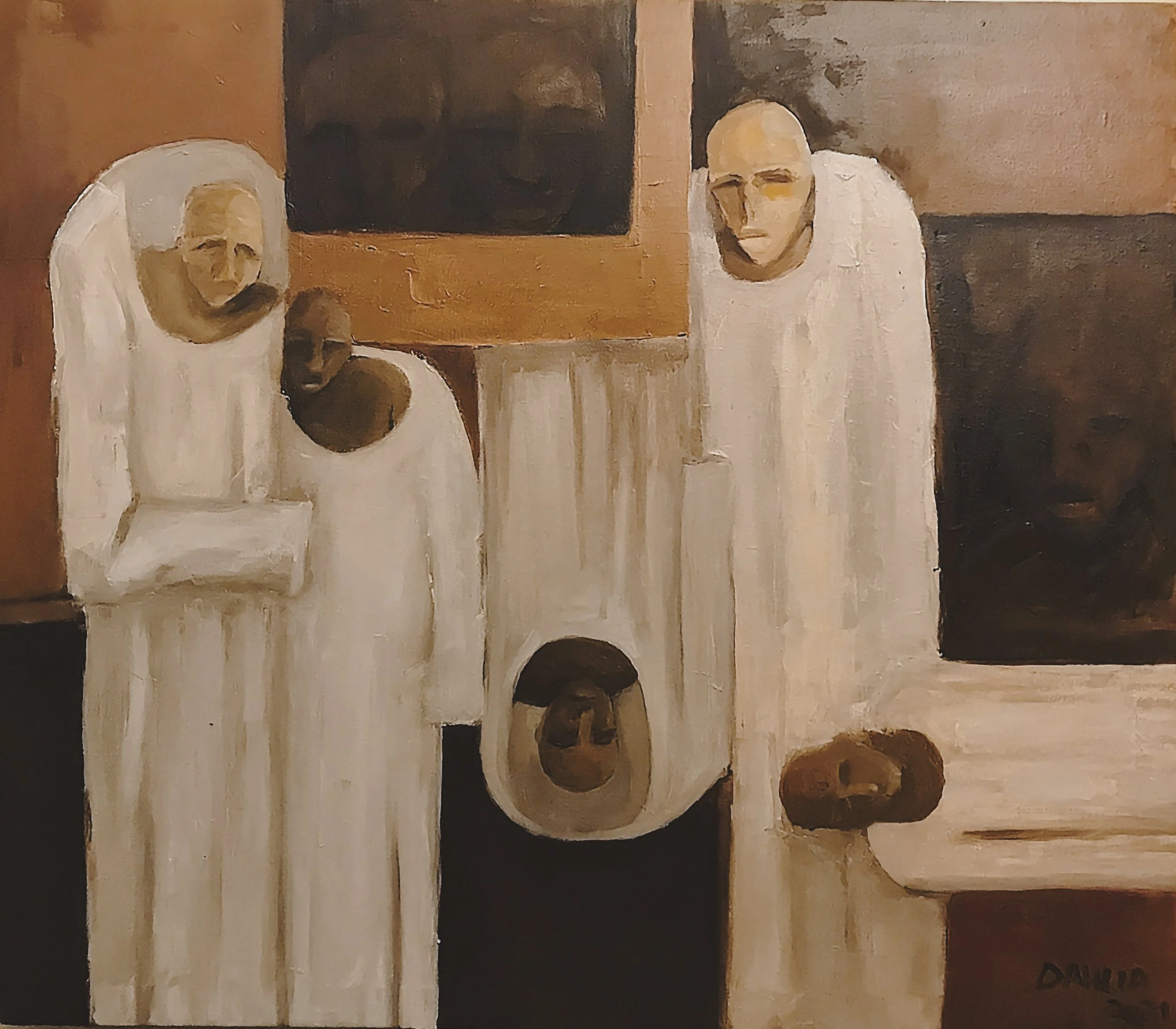 Painting of two skull-like faces with short blonde hair, wearing white garments, in front of a background with brown and black tones, including a dark square and a faint signature at the bottom right.