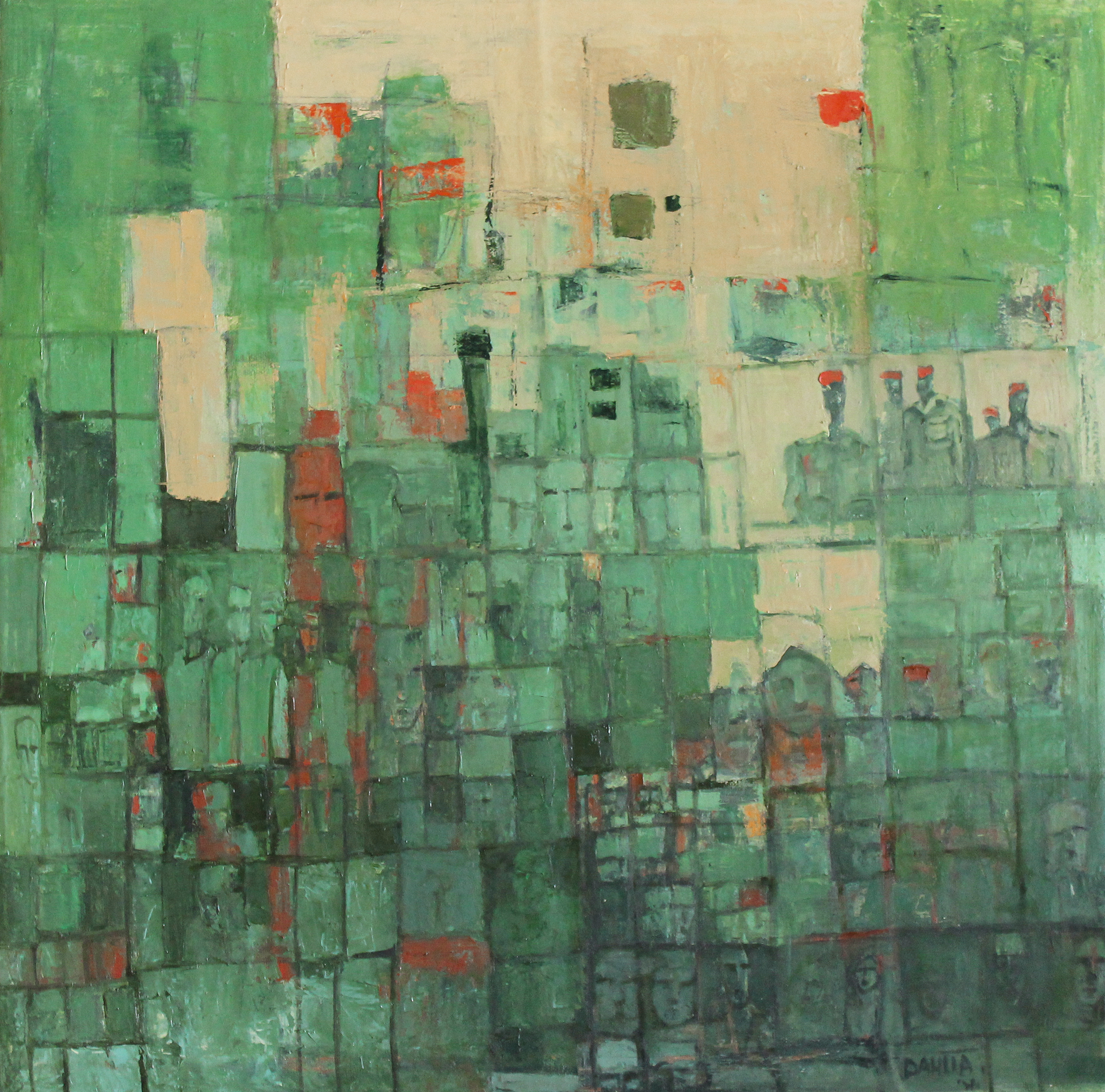 Abstract painting with mostly green and beige blocks, some red and black accents, in a grid-like pattern.