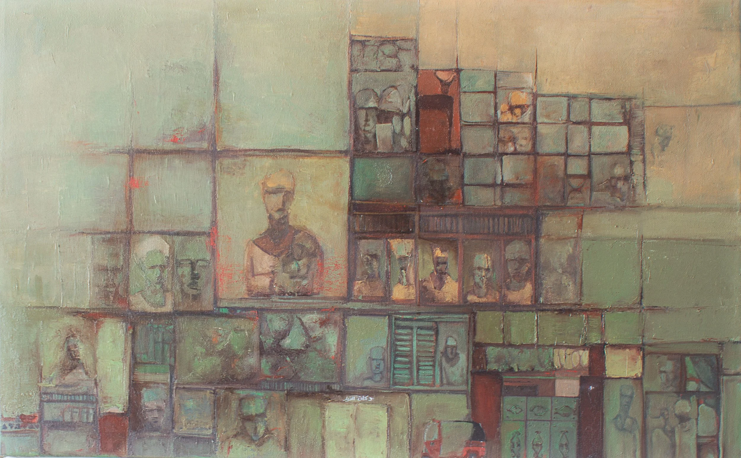 Abstract painting with human figures, faces, and geometric patterns in earthy tones.
