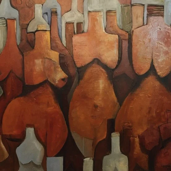 Abstract painting of various shaped bottles in shades of brown, orange, and gray.