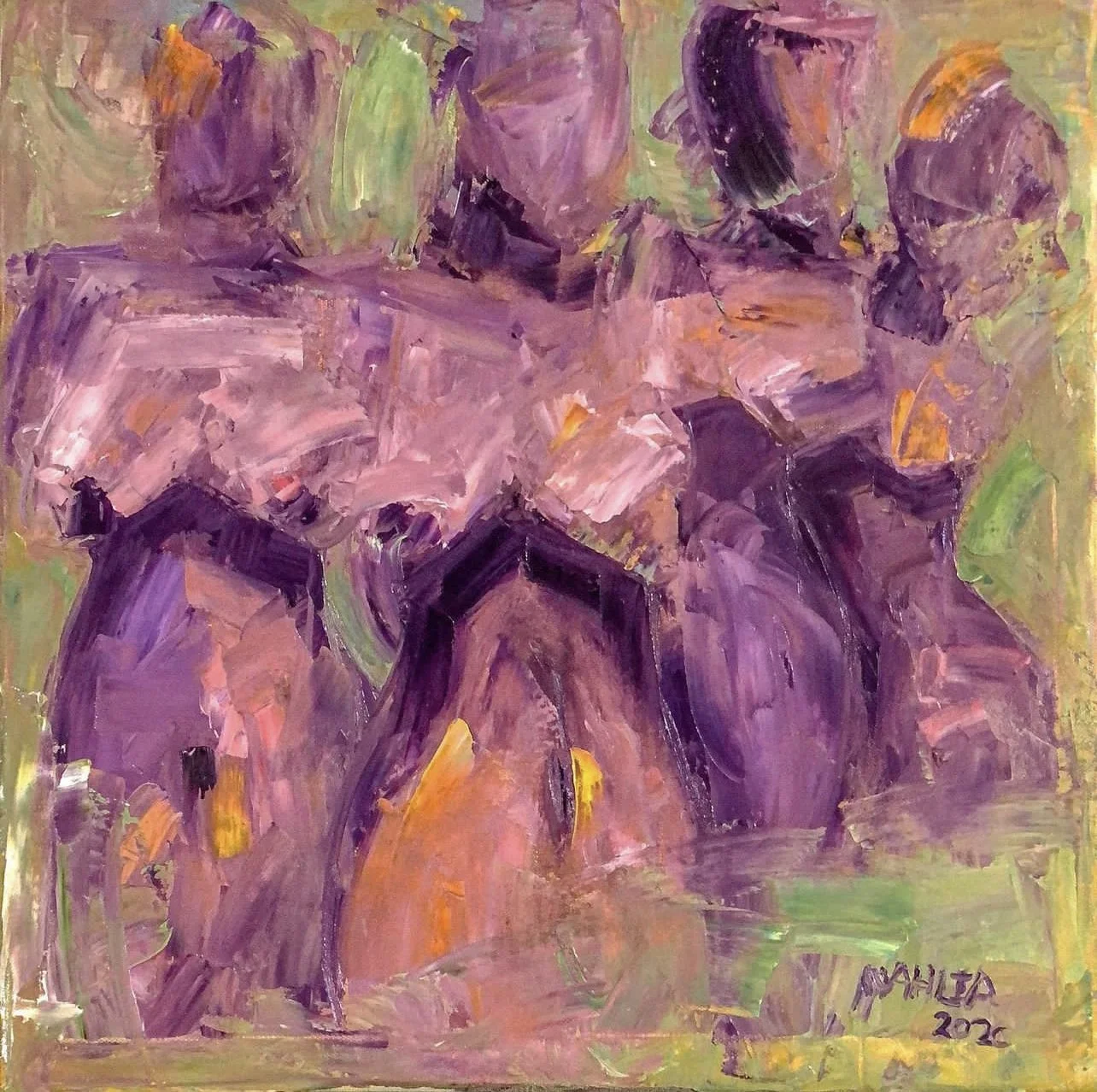 An abstract painting with bold brushstrokes in shades of purple, pink, green, black, and yellow, depicting a group of flowers or plants.