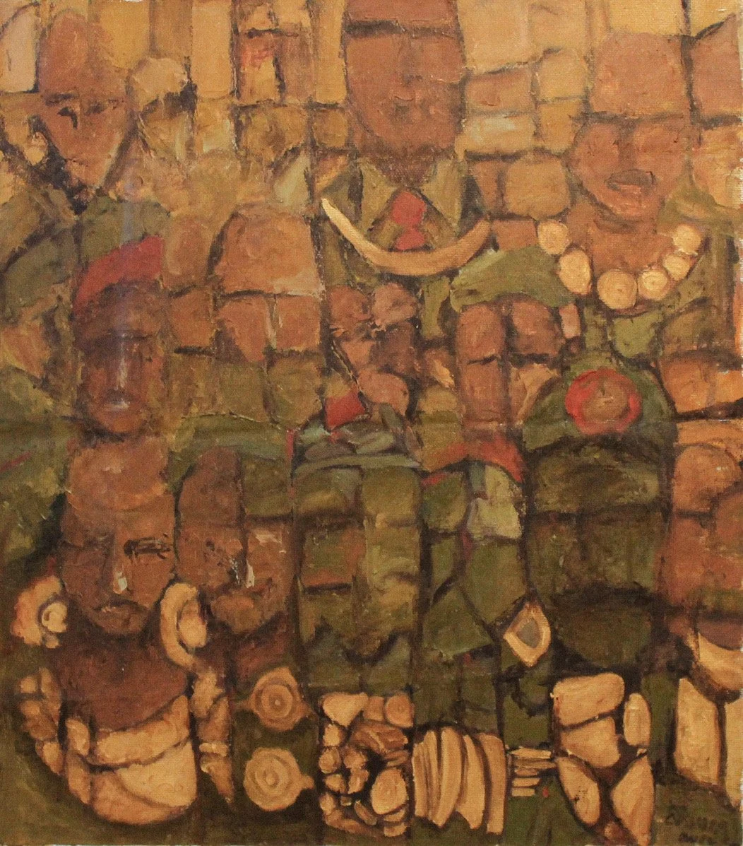 A textured abstract painting depicting a group of people standing against a brick wall. The figures are rendered in earthy tones with some red and green accents, with simplified features and shapes.