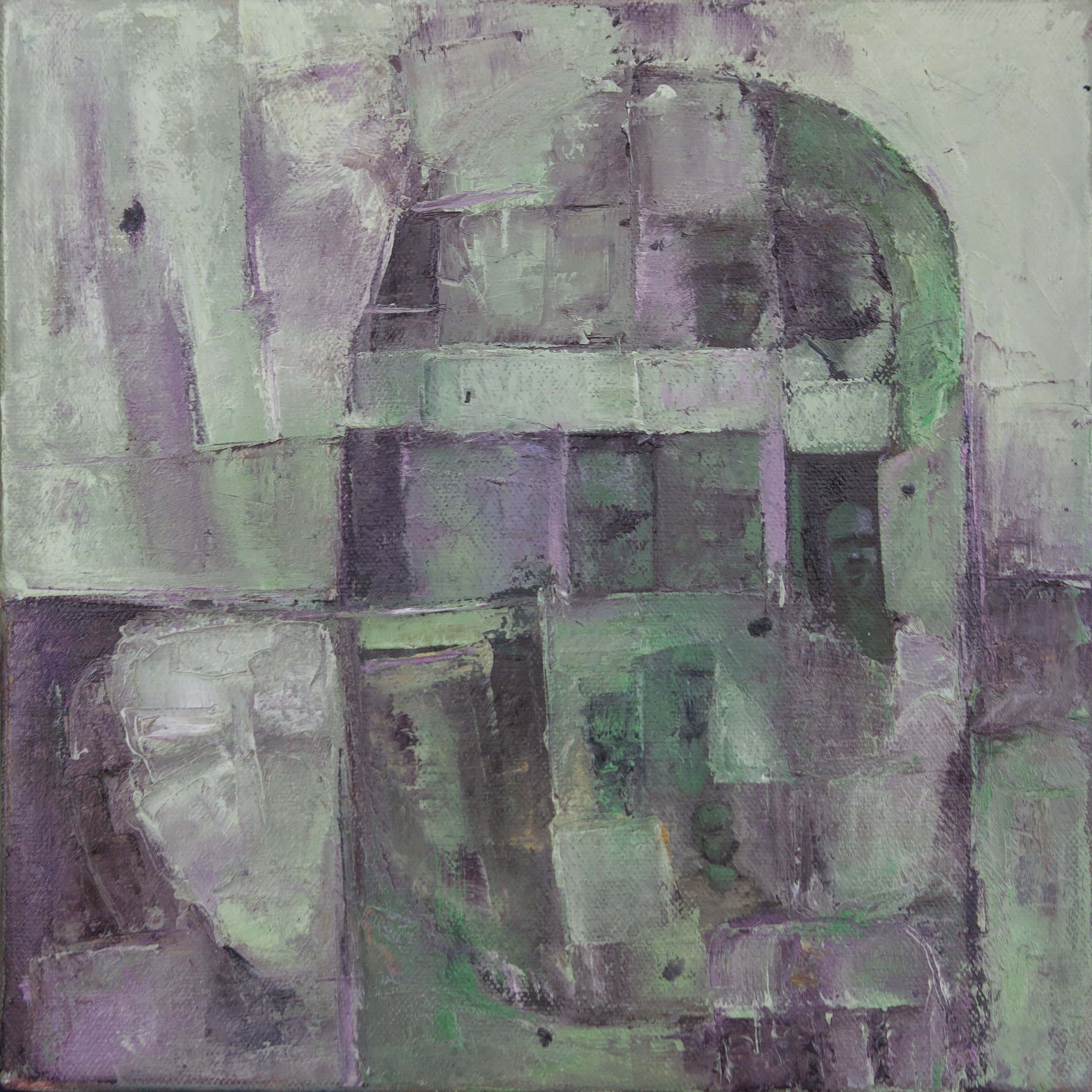 Abstract impressionist painting with muted purple, green, and gray tones, depicting a cityscape with a bridge and buildings.