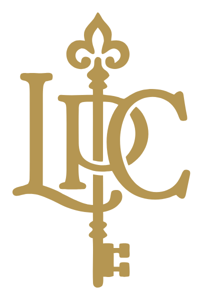 Gold monogram of intertwined ‘LPC’ letters forming a decorative key with a fleur‑de‑lis at the top.