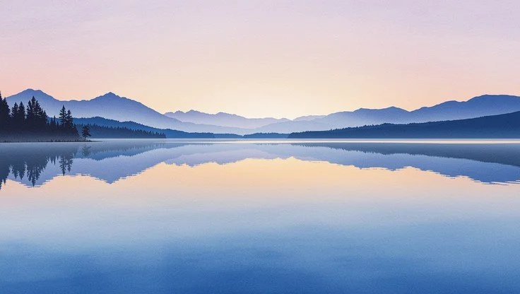 Calm mountain lake reflecting pine trees, layered blue mountains, and a pastel sunrise sky
