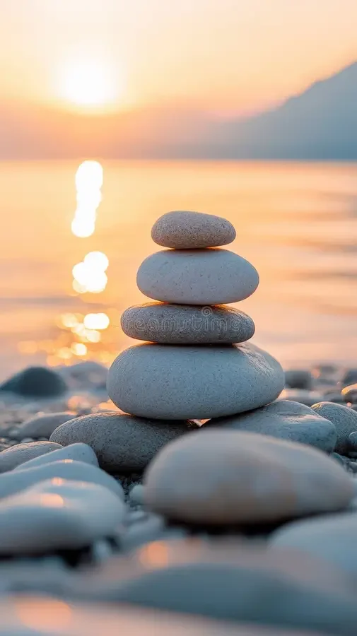 Stack of smooth stones balanced on a rocky beach at sunset, with golden light reflecting on the water.