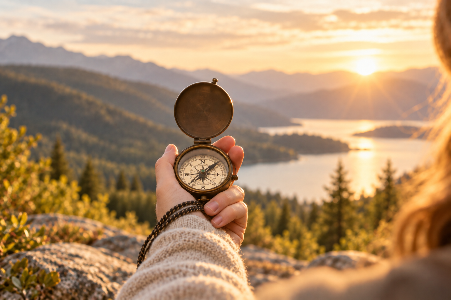 Compass overlooking a mountain landscape, representing clarity and finding a way forward