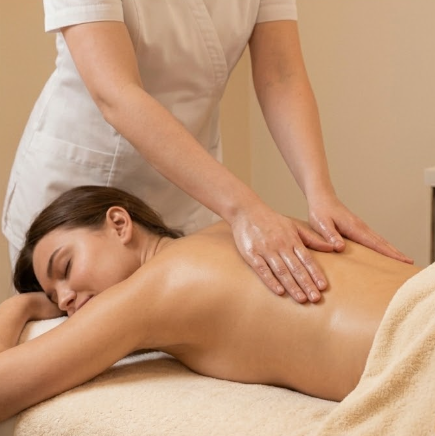 A woman receiving a massage on her back from a massage therapist in a spa setting.